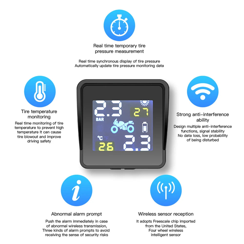 Motorcycle Tire Pressure Sensors Solar Charging LCD TPMS wireless tire monitoring system with 2 Sensors